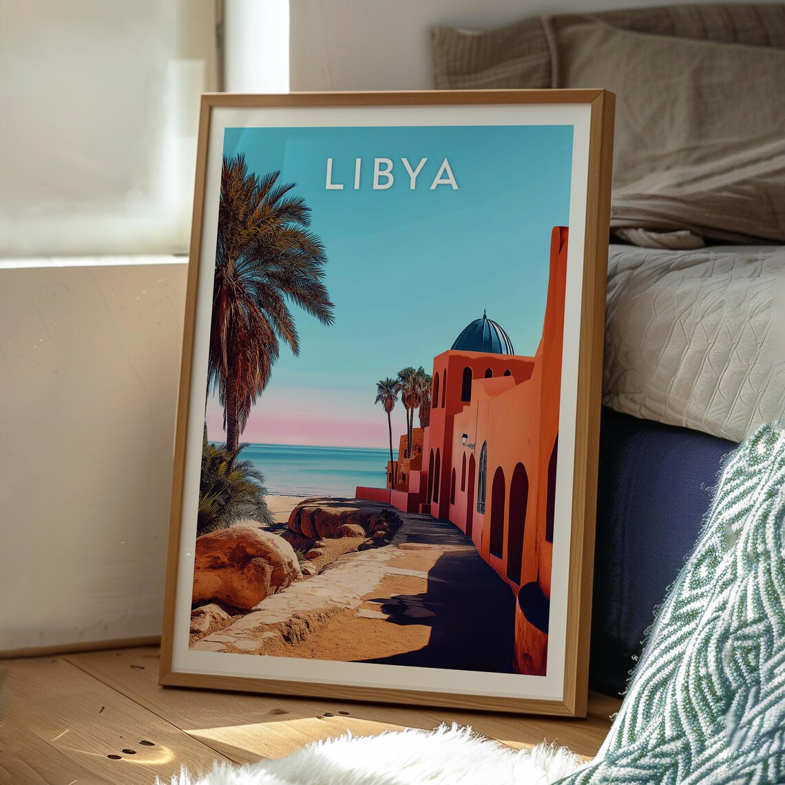 Libya North Africa Red Building By The Sea Vintage Travel Poster - Image 3