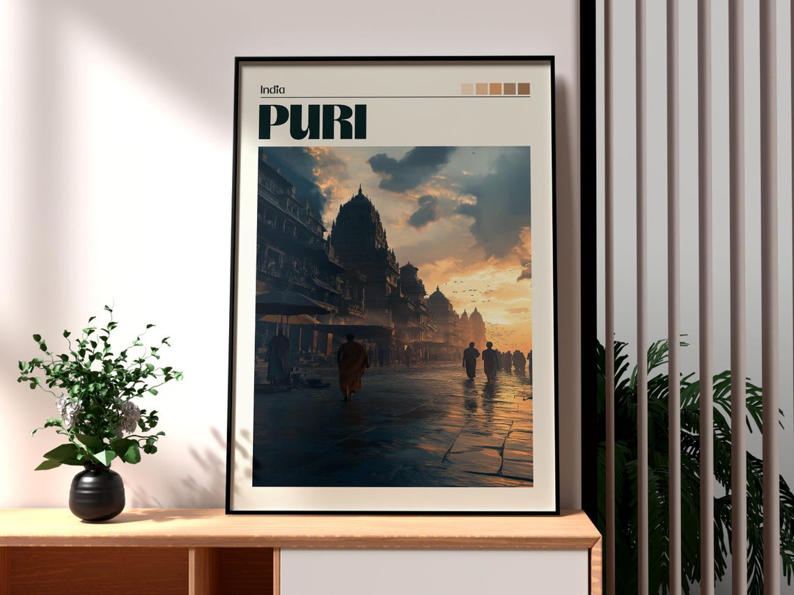 Puri India Temple Street Silhouettes Sunset Retro Travel Poster