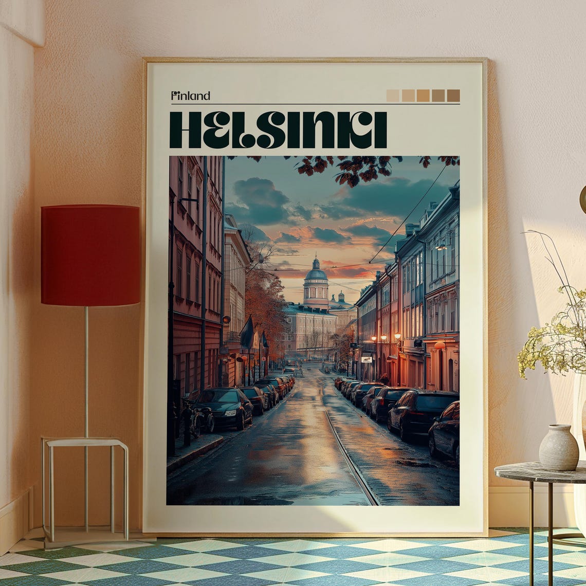 Helsinki Finland Cobblestone Old Street Cathedral Sunset Glow Poster - Image 2