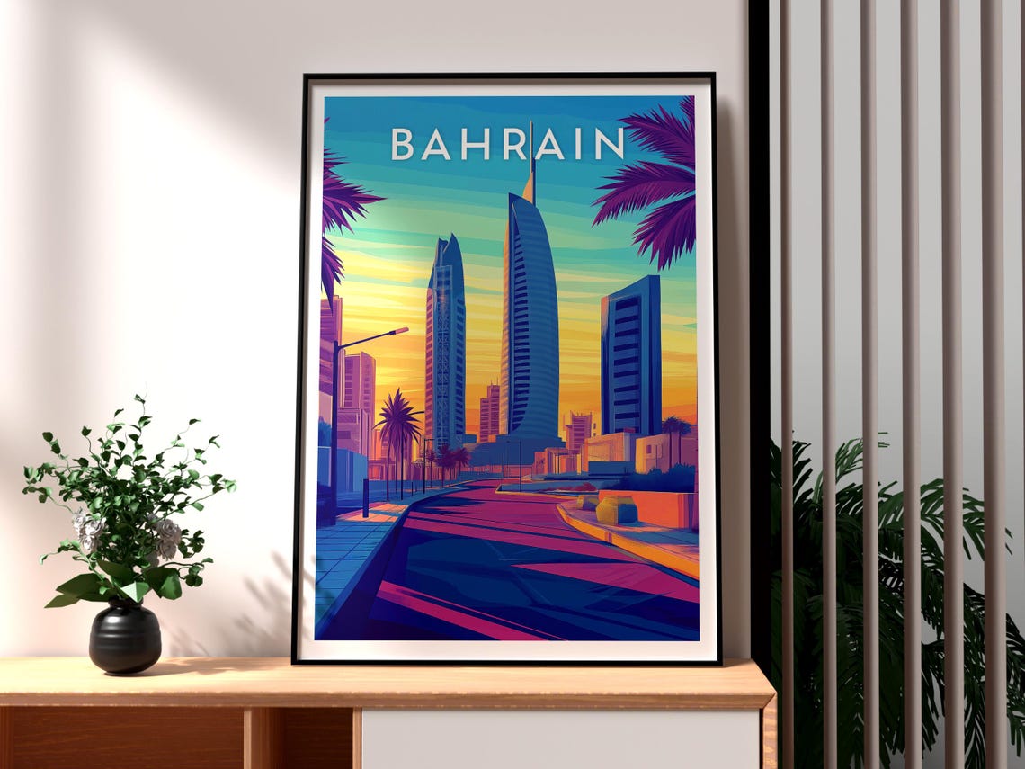 Bahrain Retro Travel Wall Art Sunset Skyline Palm Trees Cityscape