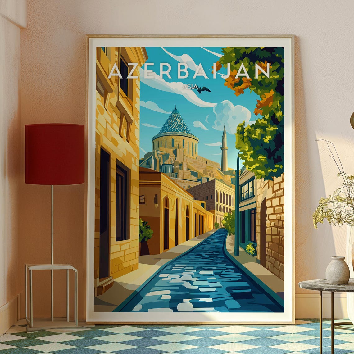 Azerbaijan Vintage Travel Poster Old Town Mosque Dome Street Art - Image 2