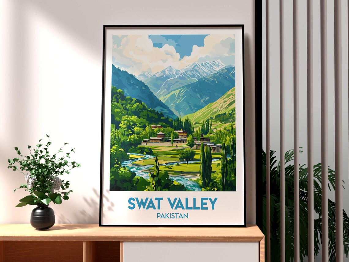 Swat Valley Pakistan Alpine Village River Mountain Travel Poster
