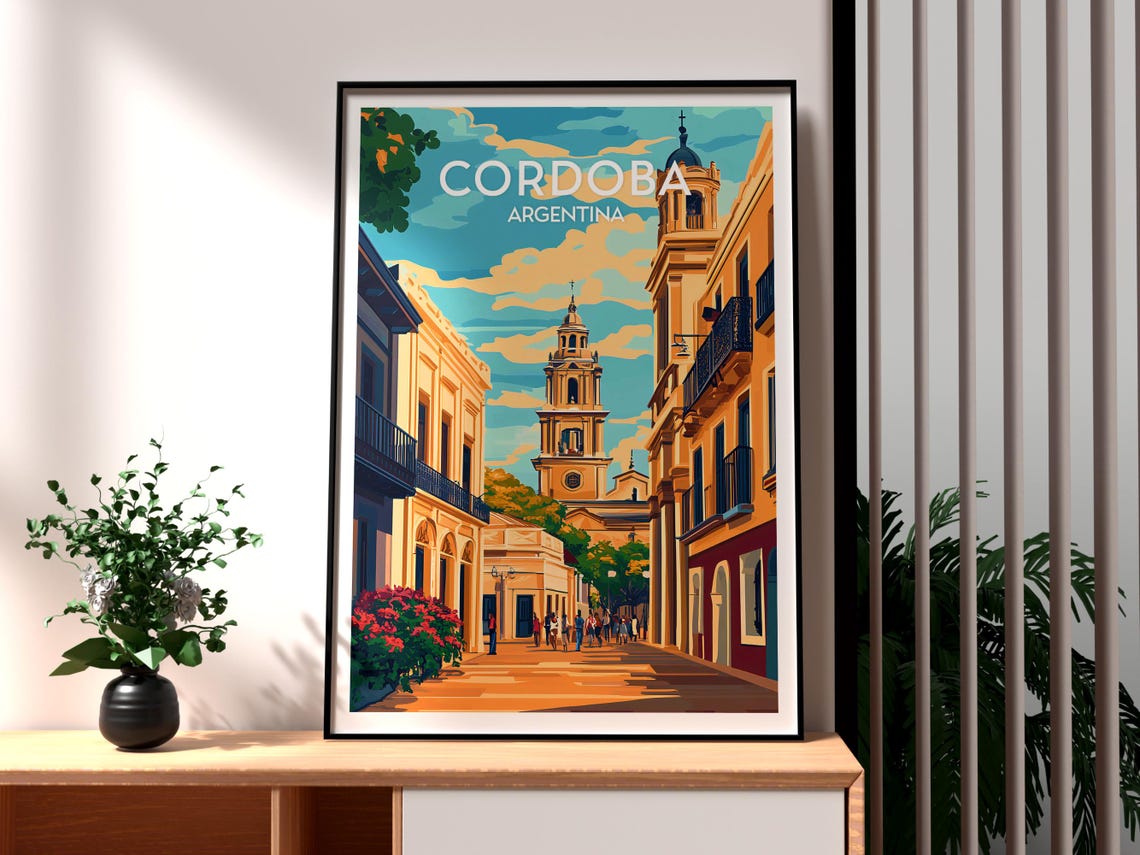 Cordoba Argentina Colonial Street With Cathedral Towers Travel Poster