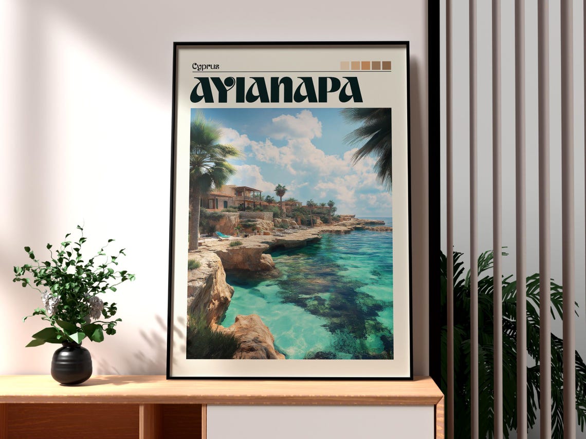 Ayia Napa Cyprus Rocky Cove Turquoise Water Vintage Travel Poster
