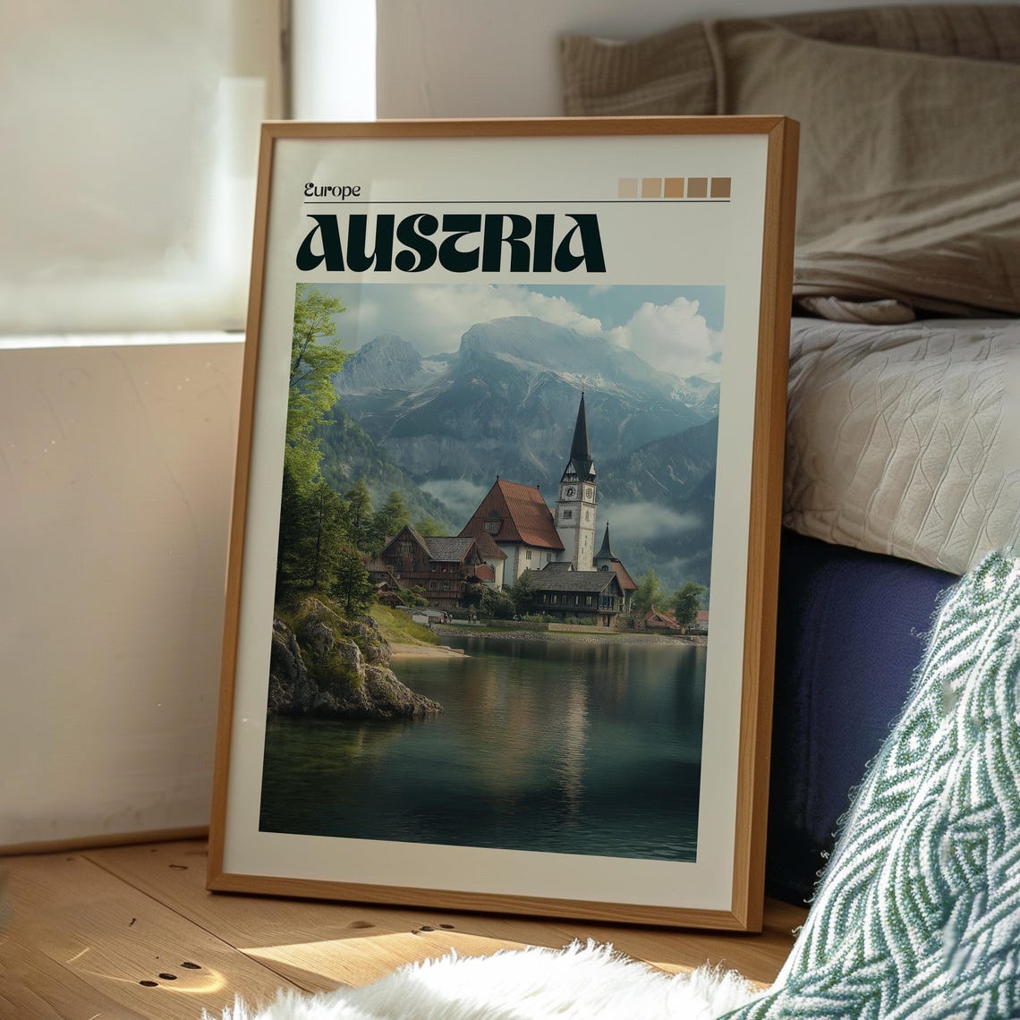 Austria Lakeside Village Church Mountain Lake Vintage Travel Poster - Image 3
