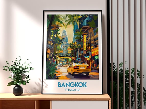 Bangkok Thailand Chinatown Night Taxi Neon Street Scene Poster