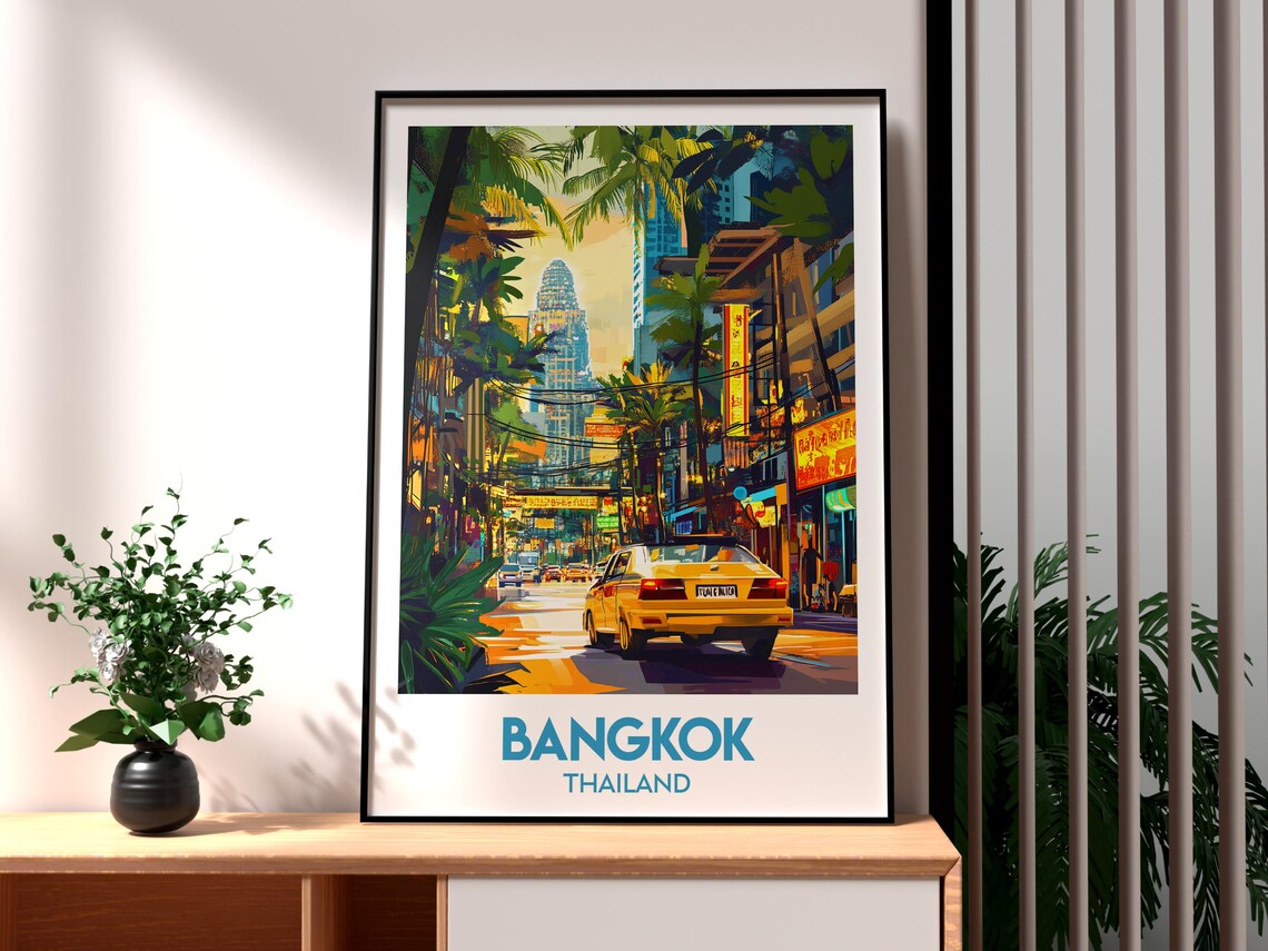 Bangkok Thailand Chinatown Night Taxi Neon Street Scene Poster