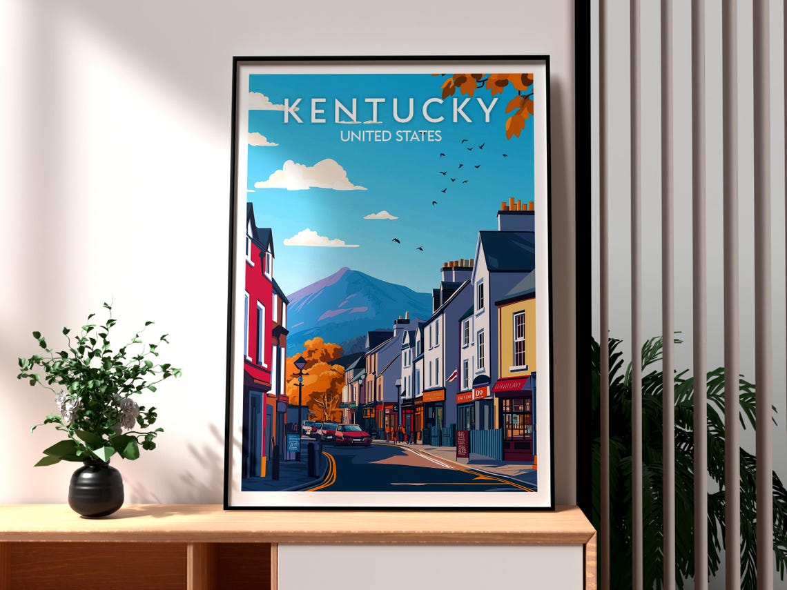 Kentucky Small Town Street With Distant Mountain Travel Poster