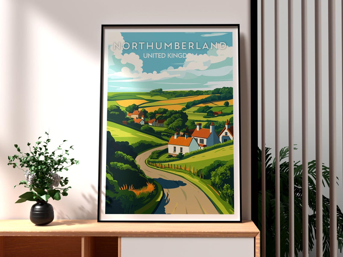 Northumberland UK Countryside Village Rolling Green Hills Poster