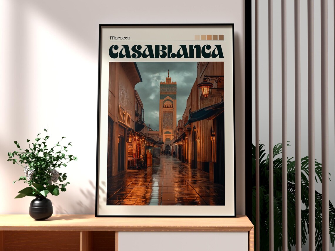 Casablanca Morocco Rainy Old Street Minaret Evening Travel Poster