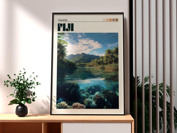 Fiji Poster Travel Print Wall Art South Pacific Oceania Viti Levu Vanua Beach