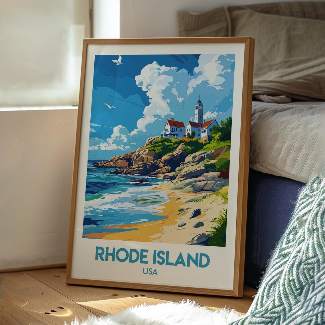 Rhode Island USA Lighthouse Rocky Coast Beach Scene Travel Poster - Image 3