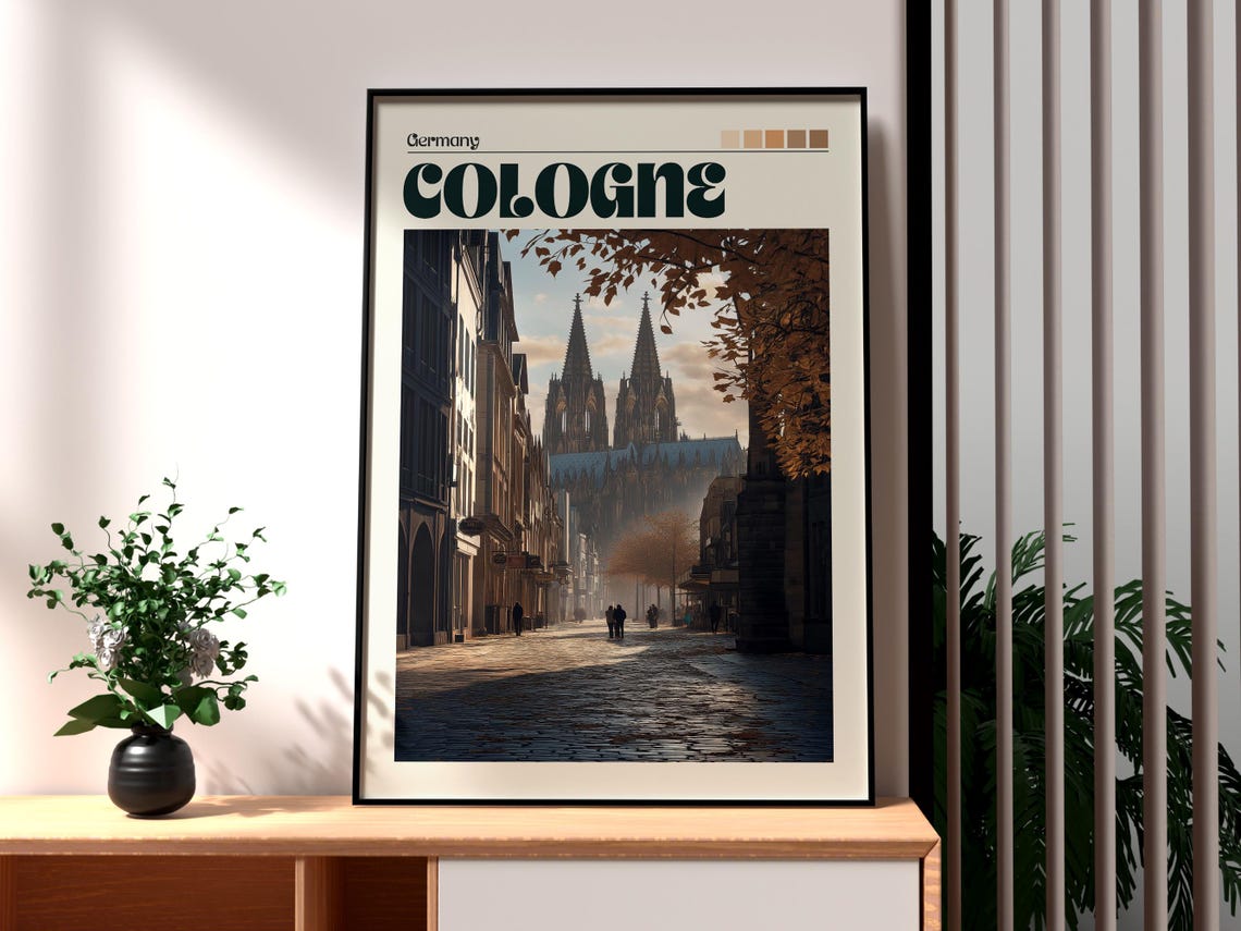Cologne Germany Cathedral Twin Spires Cobblestone Street Autumn Poster