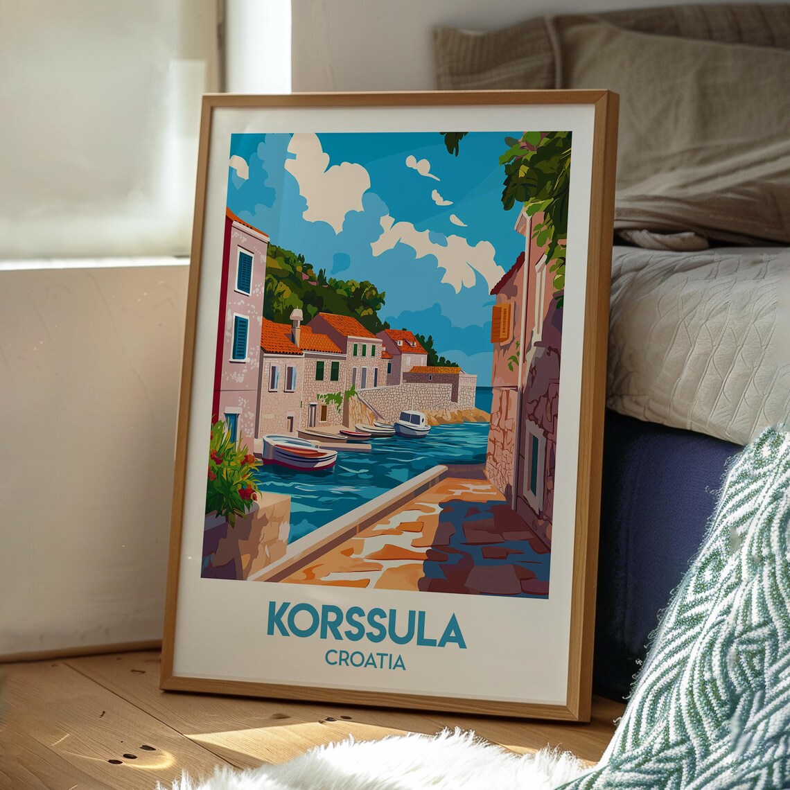 Korssula Croatia Colorful Waterfront Canal Boats Travel Poster - Image 3