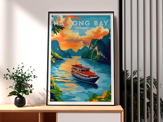 Ha Long Bay Vietnam Sunset Cruise Ship Karst Bay Scene Poster
