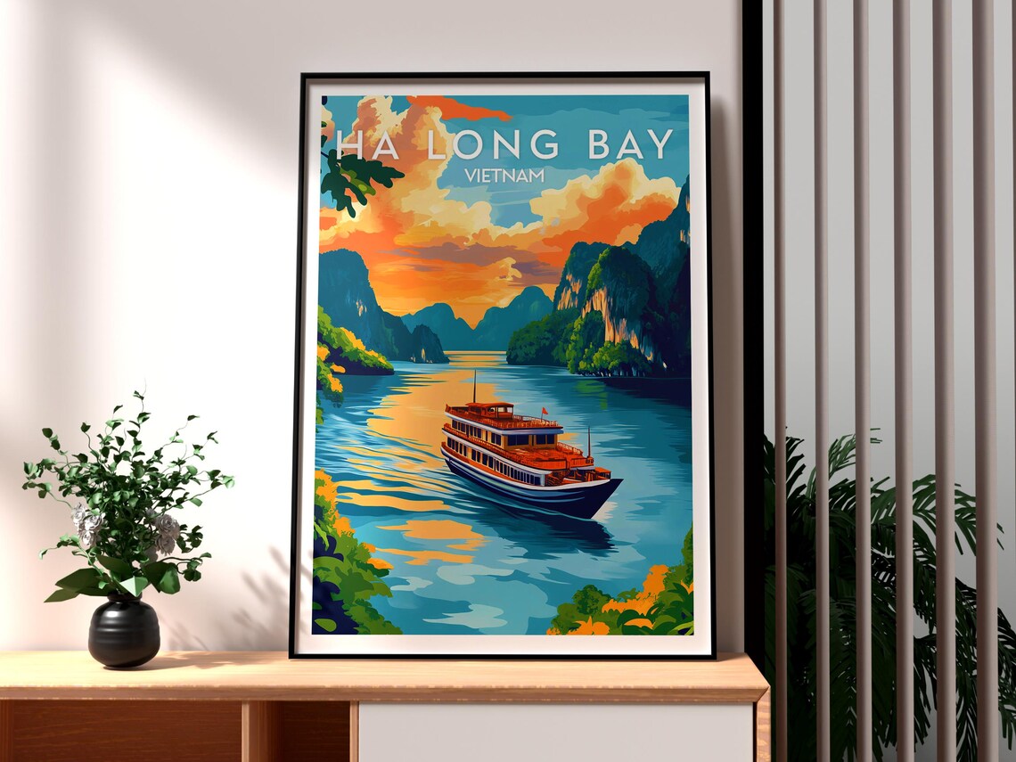 Ha Long Bay Vietnam Sunset Cruise Ship Karst Bay Scene Poster