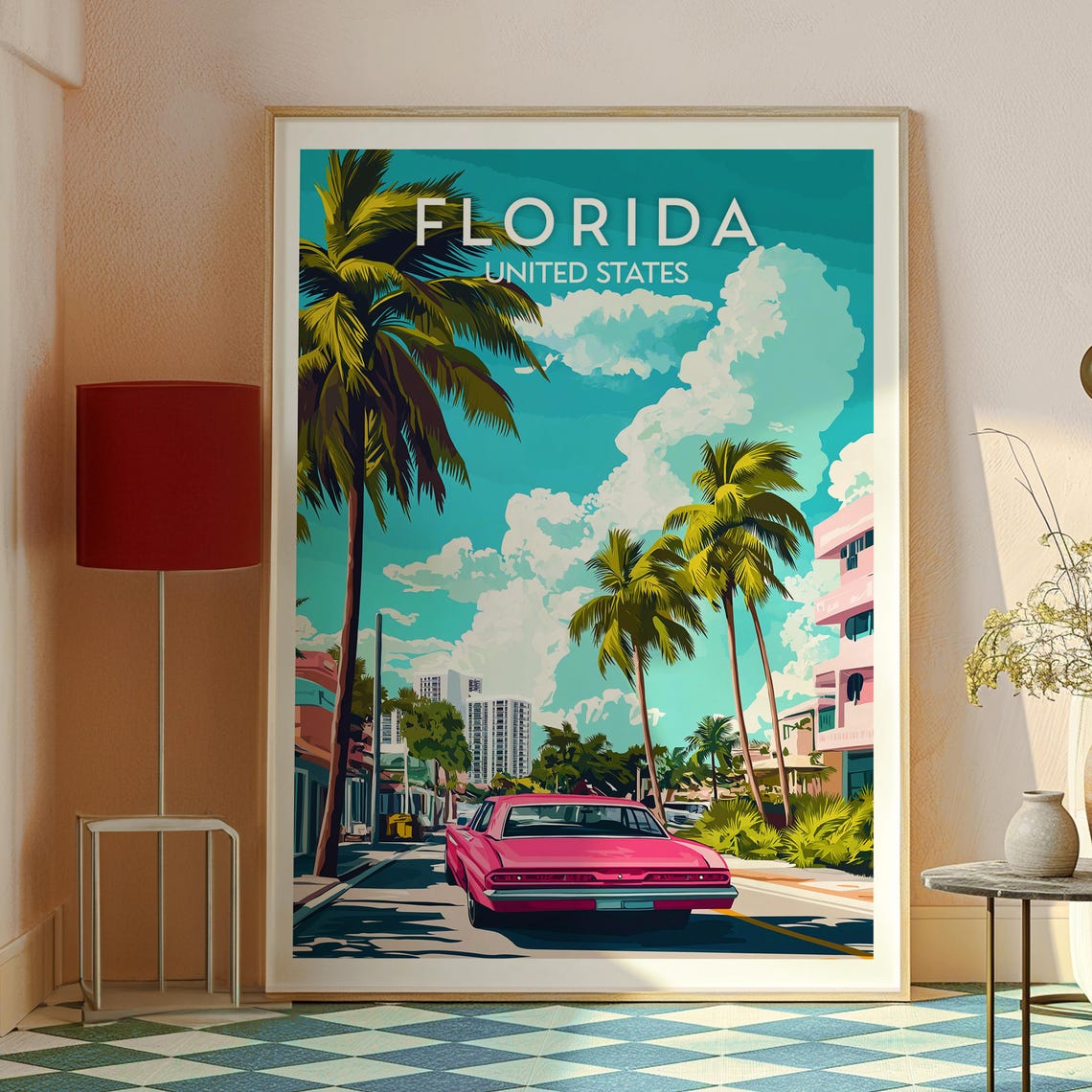 Florida Retro Palm Tree Street With Vintage Red Car Art Poster - Image 2
