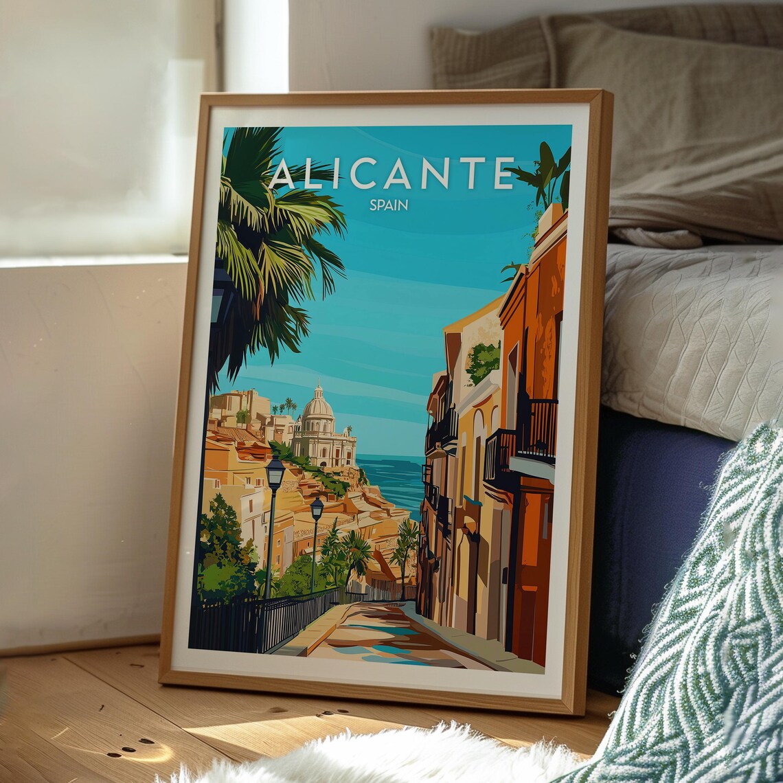 Retro Alicante Spain Seaside Old Town Palm Street Travel Poster - Image 3