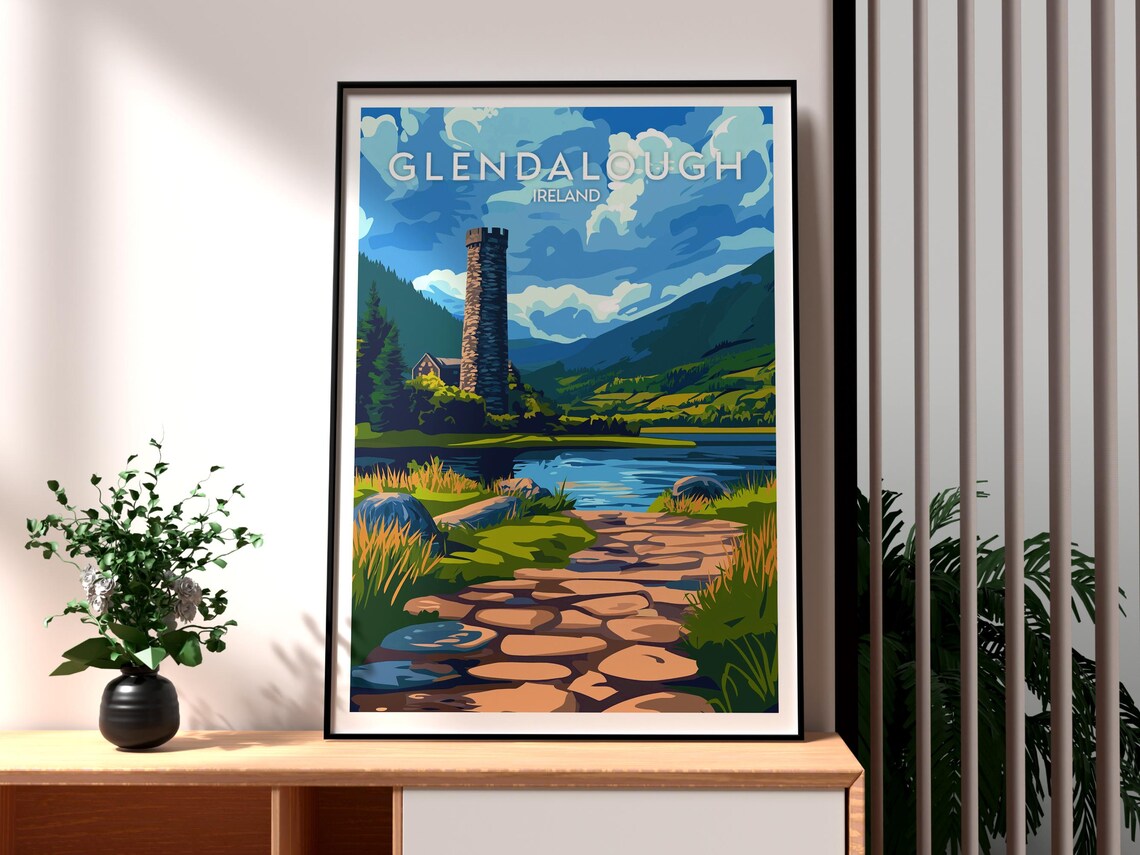 Glendalough Ireland Round Tower Lake Valley Vintage Travel Art Poster