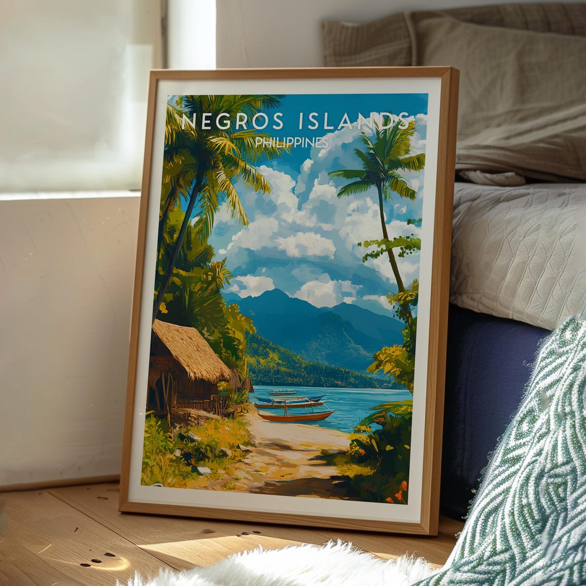 Negros Islands Philippines Tropical Beach Boats Thatched Hut Poster - Image 3