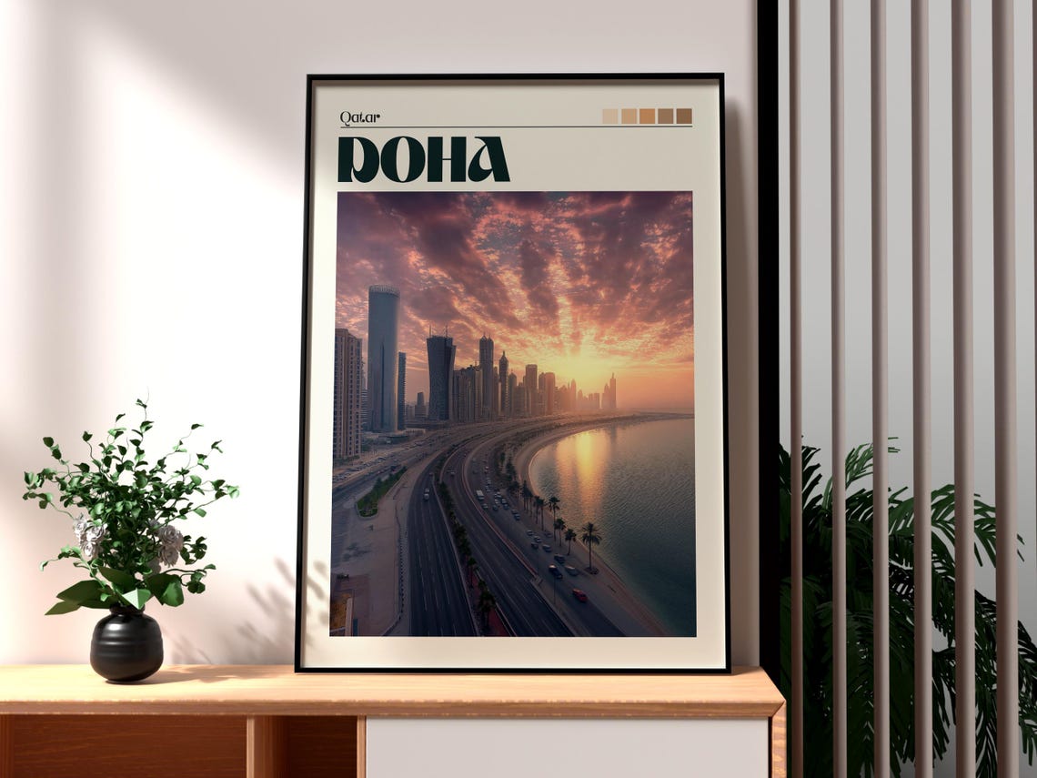 Doha Qatar Waterfront Skyline Sunset Towers Coast Travel Poster
