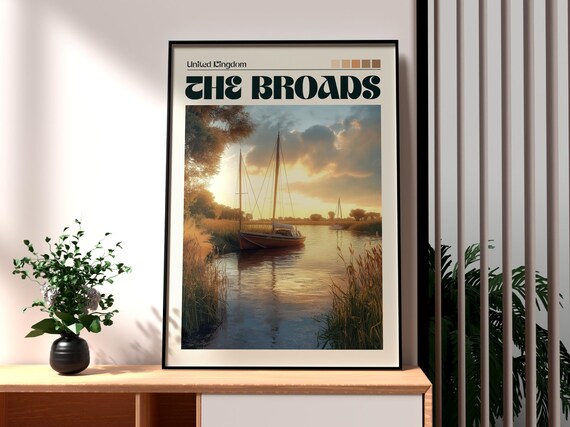 The Broads England Sailboat River Sunset Golden Travel Poster