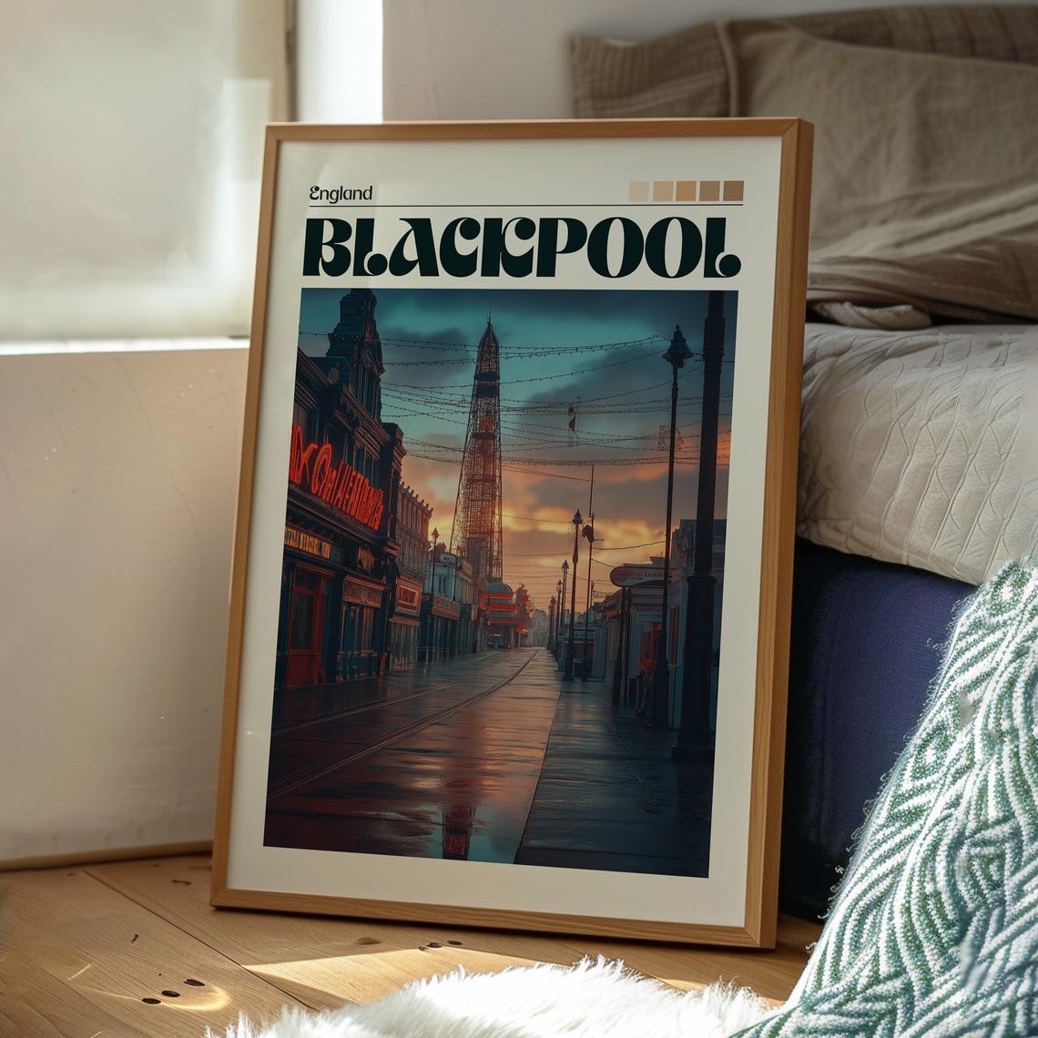 Blackpool England Tower and Promenade at Dusk Scene Travel Poster - Image 3