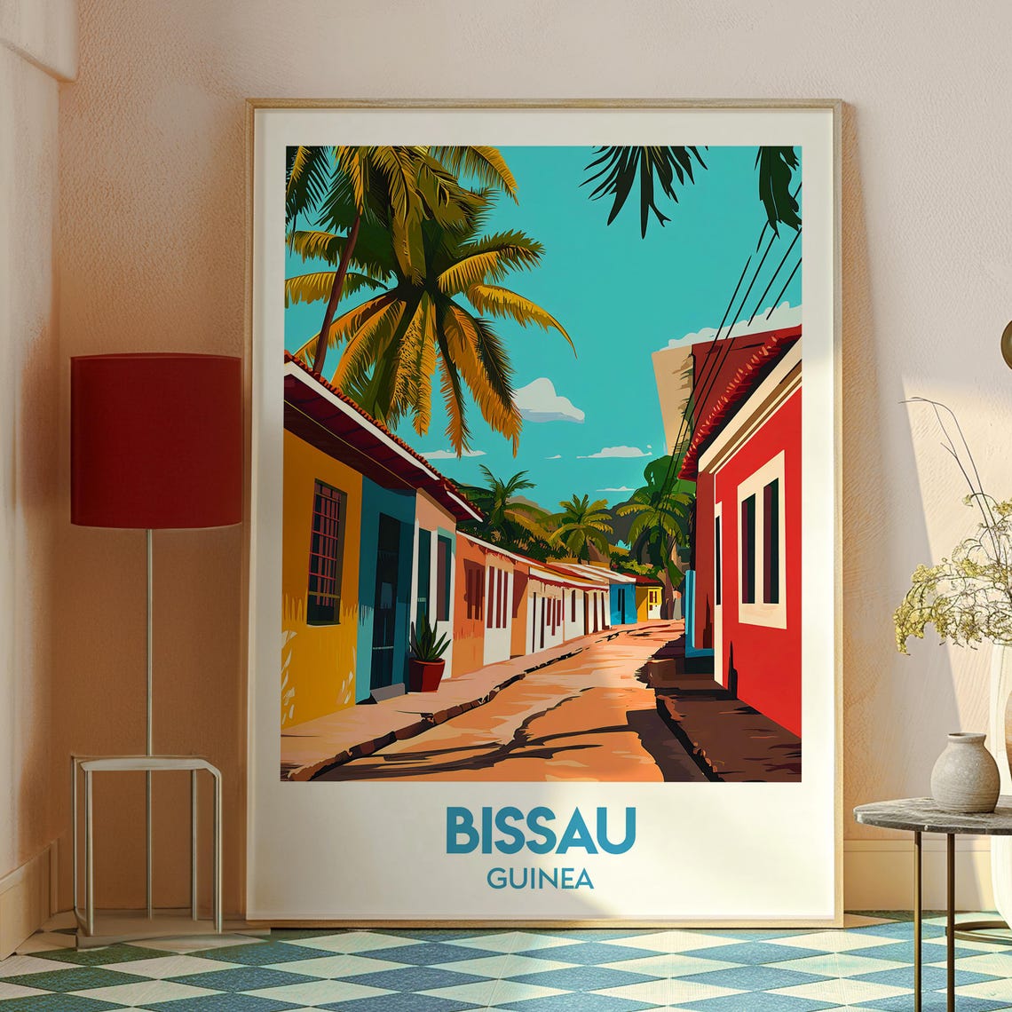 Bissau Guinea Colorful Colonial Street Palm Trees Travel Poster - Image 2