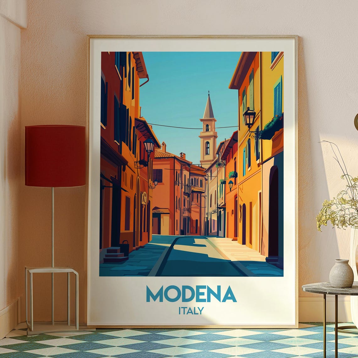 Modena Italy Sunlit Historic Old Street Bell Tower Scene Poster - Image 2