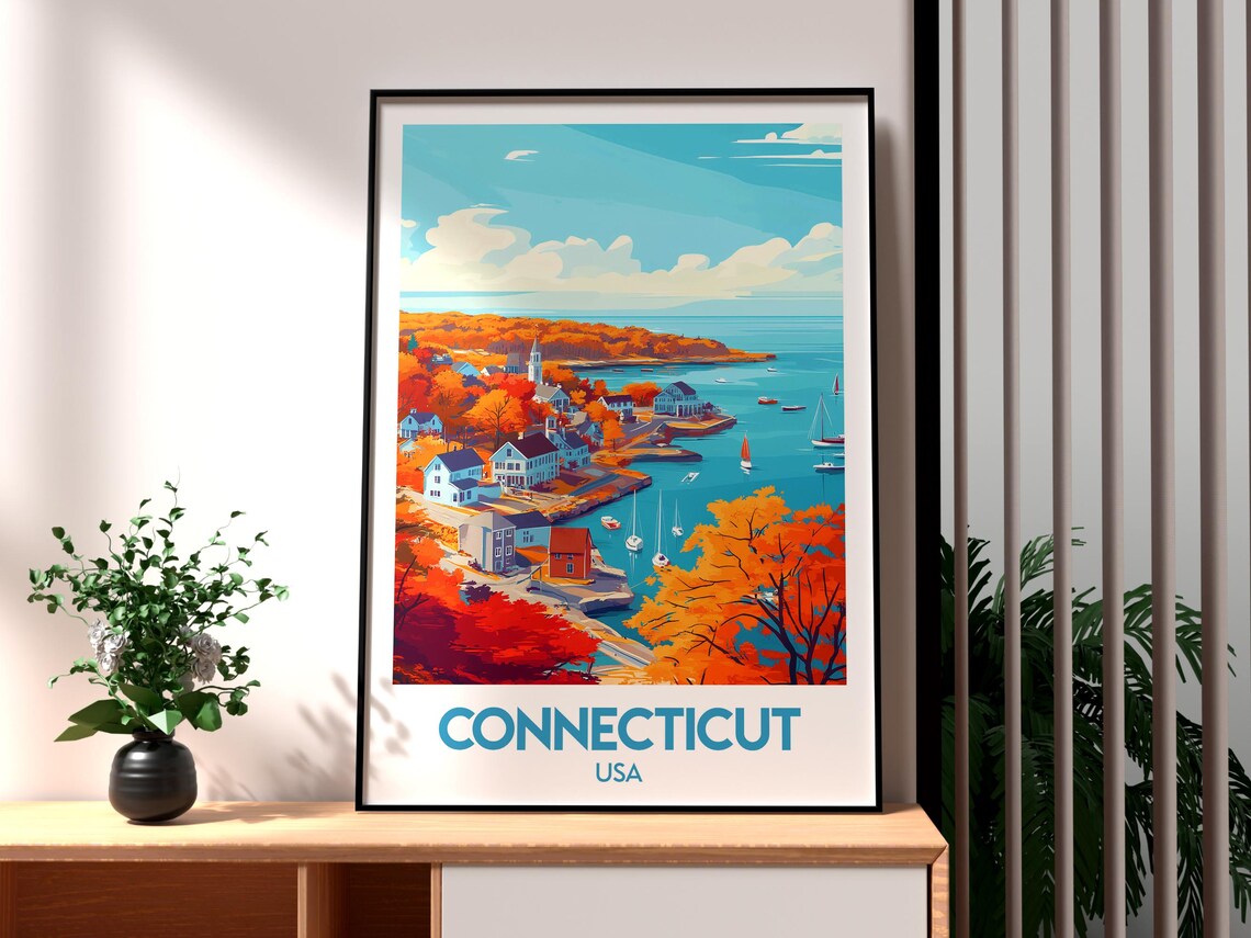Connecticut USA Coastal Harbor Town In Autumn Colors Travel Poster