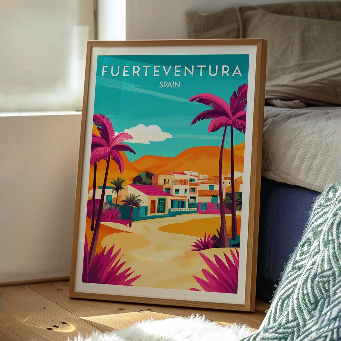 Fuerteventura Spain Colorful Coastal Village Palm Trees Poster - Image 3