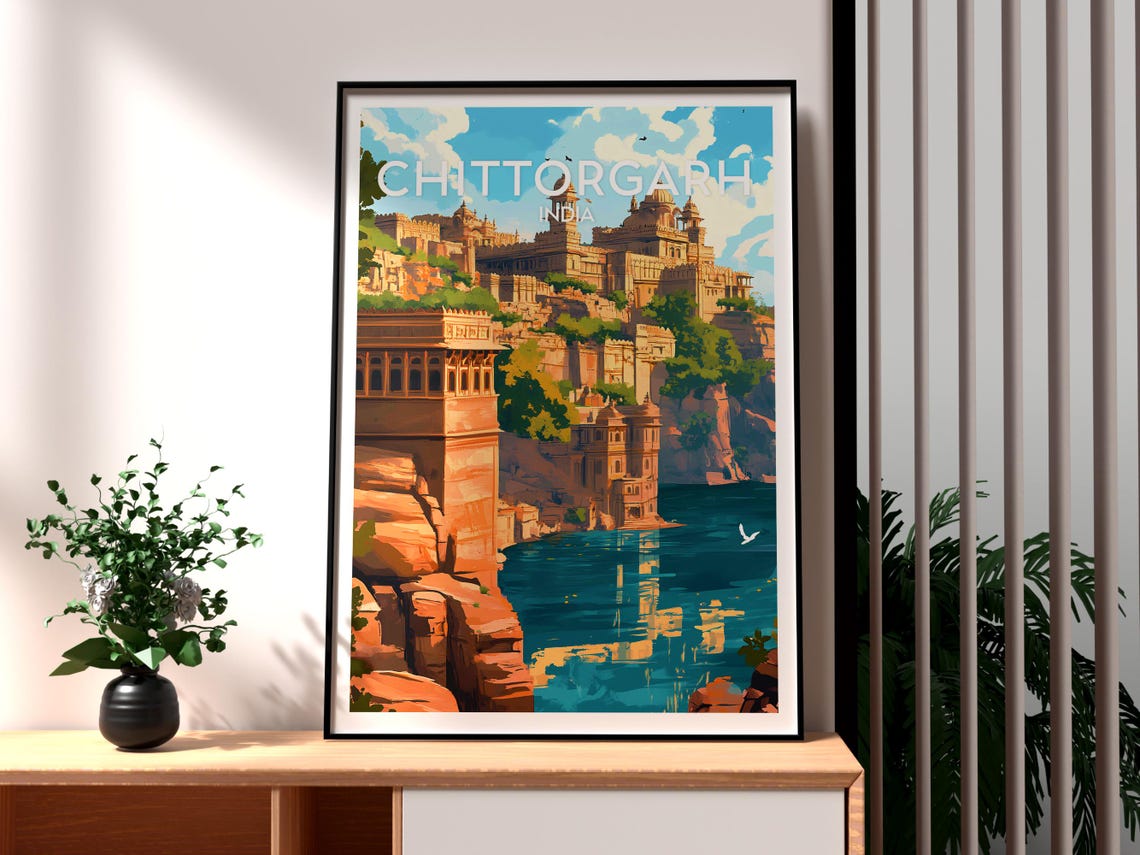 Chittorgarh India Hilltop Fort Palace Lake Heritage Travel Poster