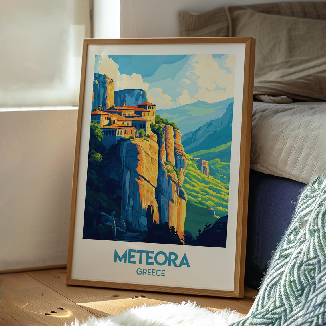 Meteora Greece Monastery Atop Towering Rock Pillar Sunset Poster - Image 3
