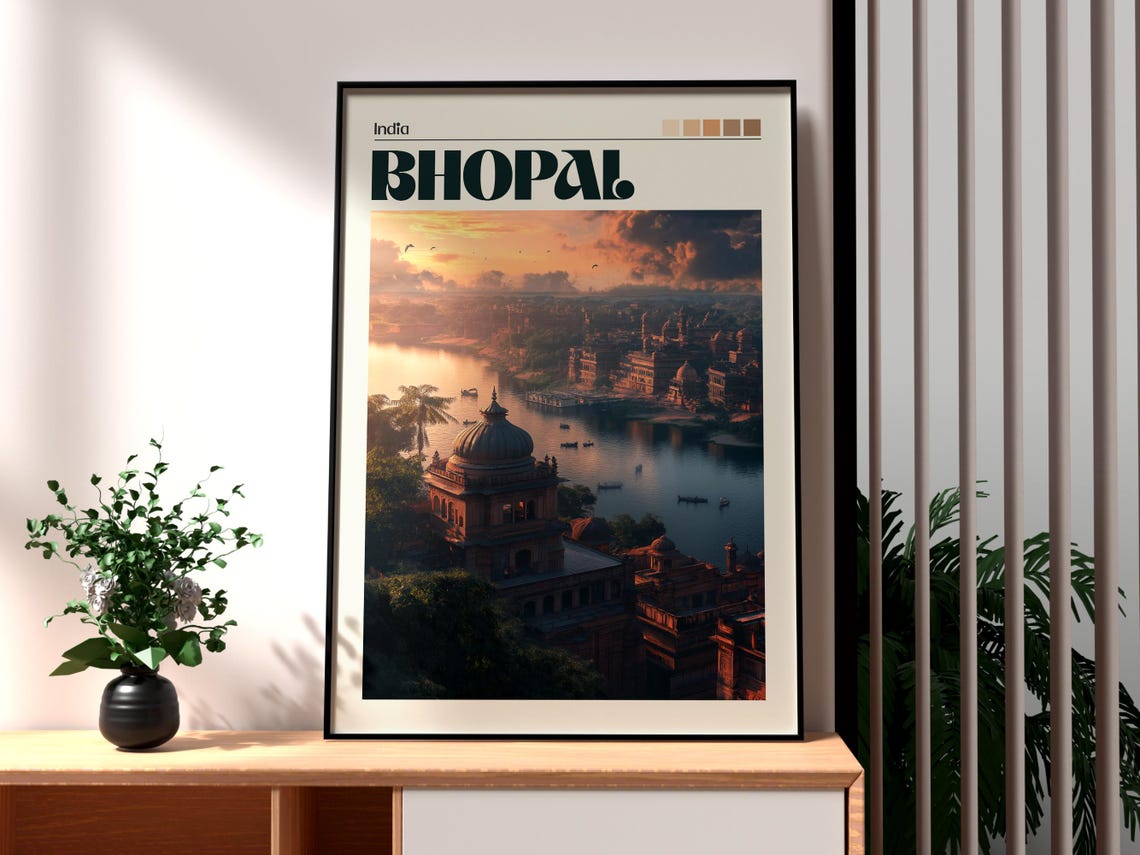 Bhopal India Lake Sunset Domed Palace View Scene Travel Poster