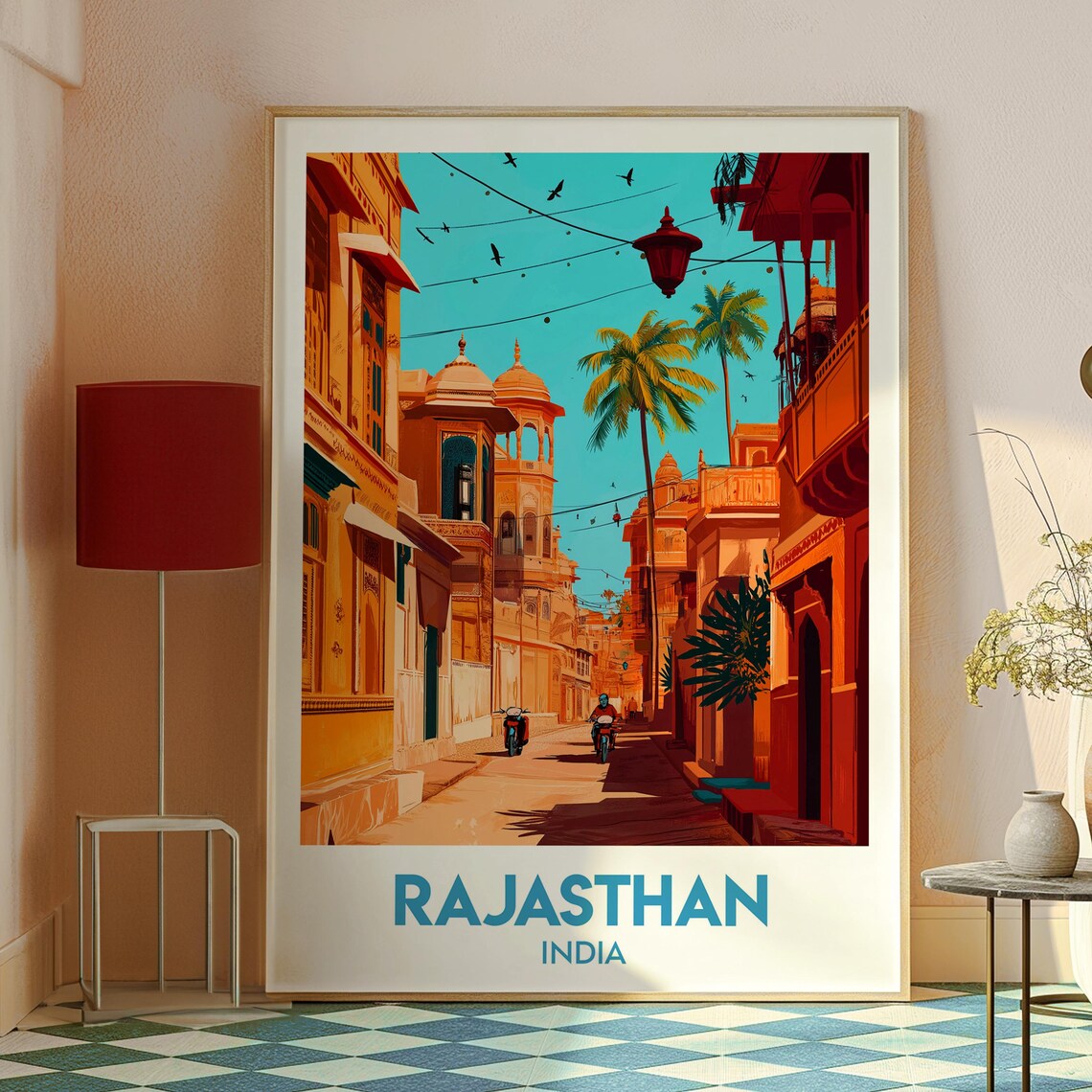 Rajasthan India Palace Street Palms Motorbike Vibrant Art Poster - Image 2