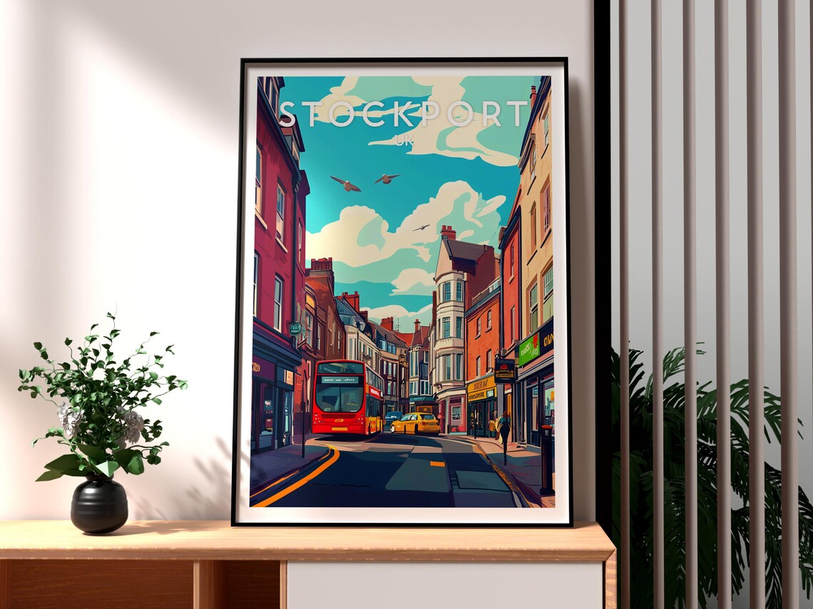 Stockport UK Red Bus Busy Town Street Vintage England Travel Poster