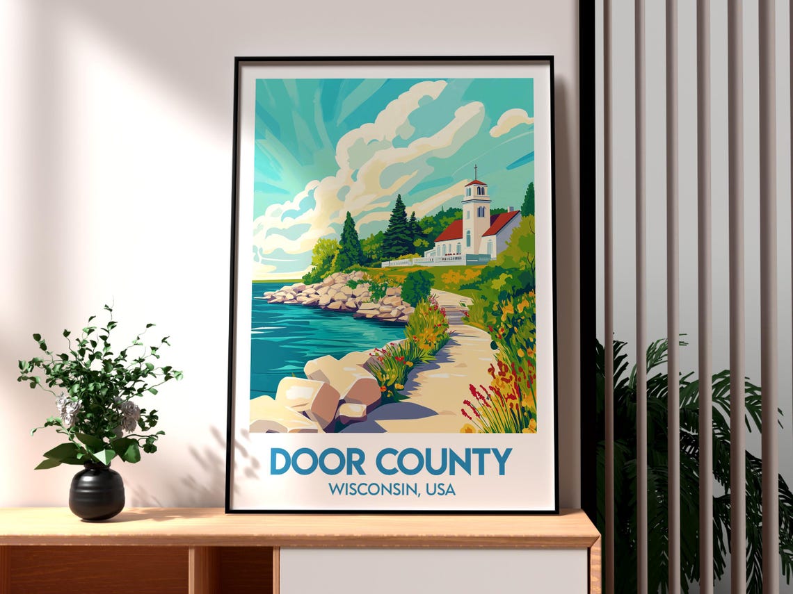 Door County Wisconsin USA Lakeside Chapel Shoreline Travel Poster