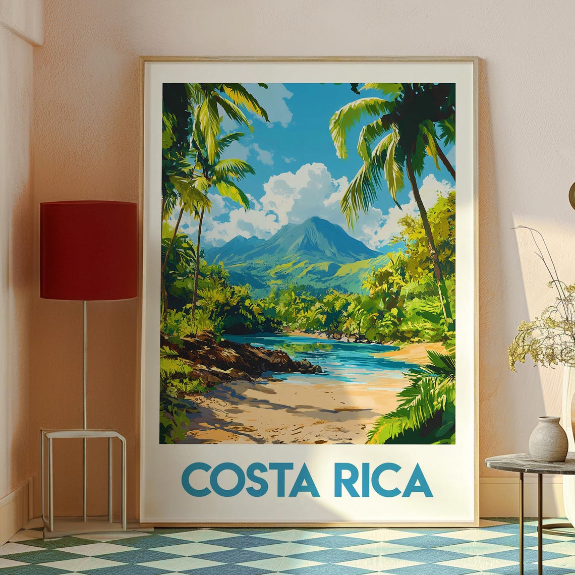 Costa Rica Beach Palm Trees Volcano Mountain Tropical Travel Poster - Image 2