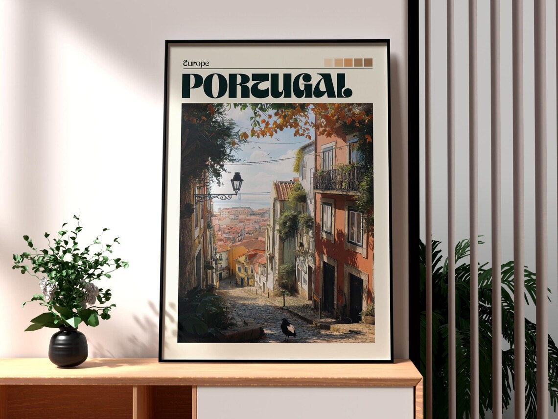 Portugal Europe Old Town Cobblestone Street Scenic Retro Travel Poster