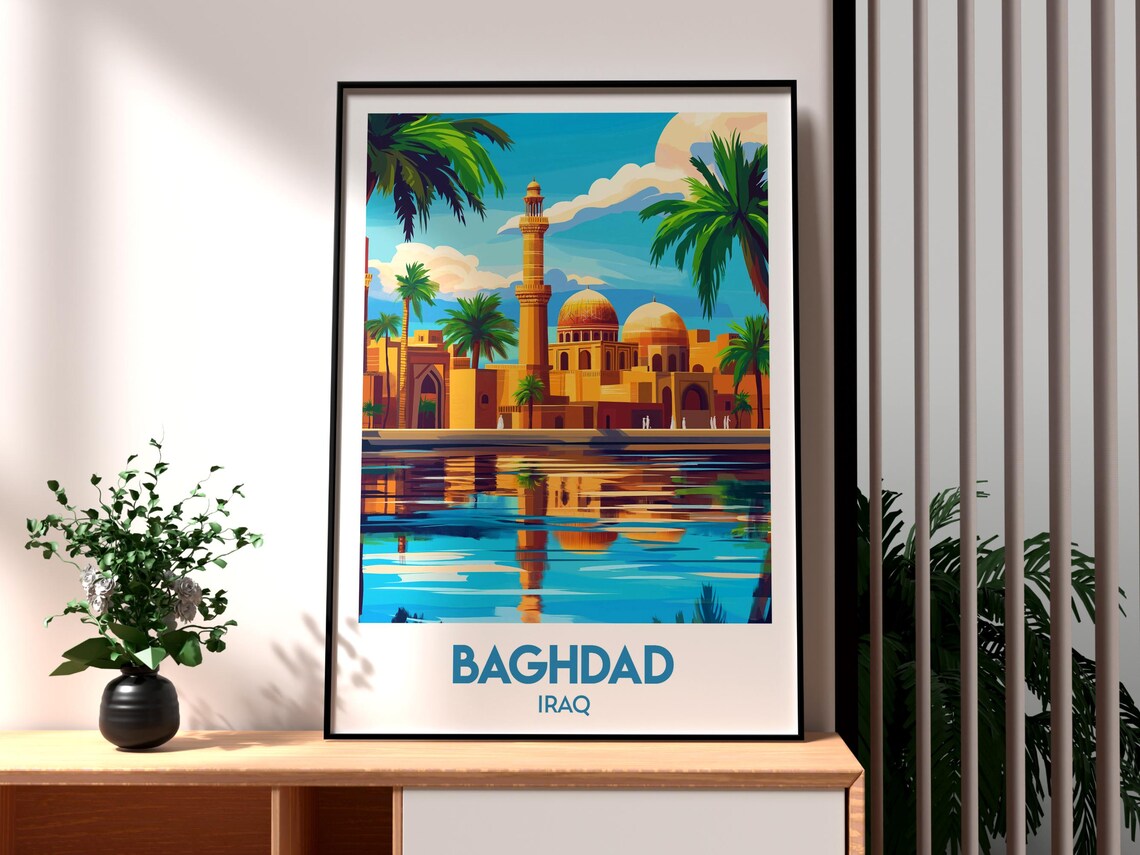 Baghdad Iraq Retro Travel Poster Golden Mosque River Artwork
