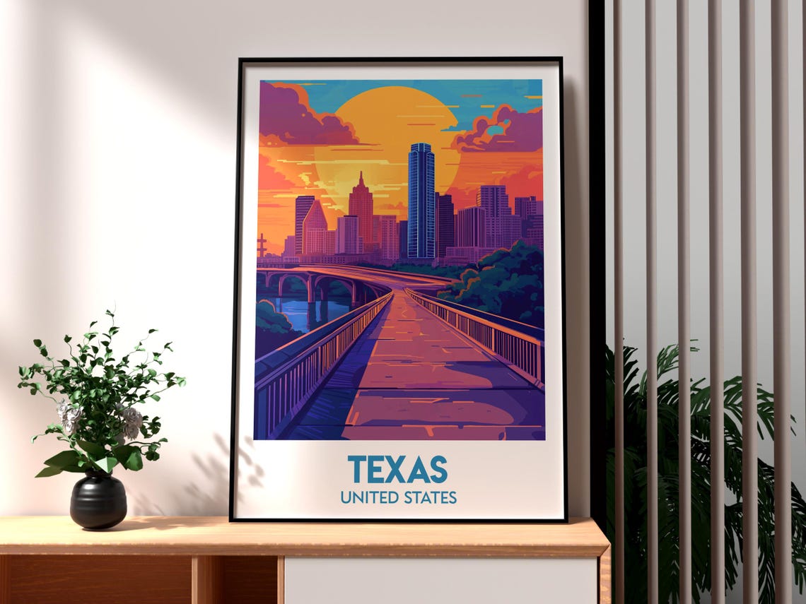 Texas United States Austin Skyline Bridge Sunset Travel Poster
