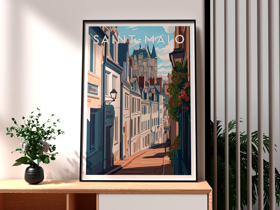 Saint Malo France Old Town Street Cathedral Spires Travel Poster
