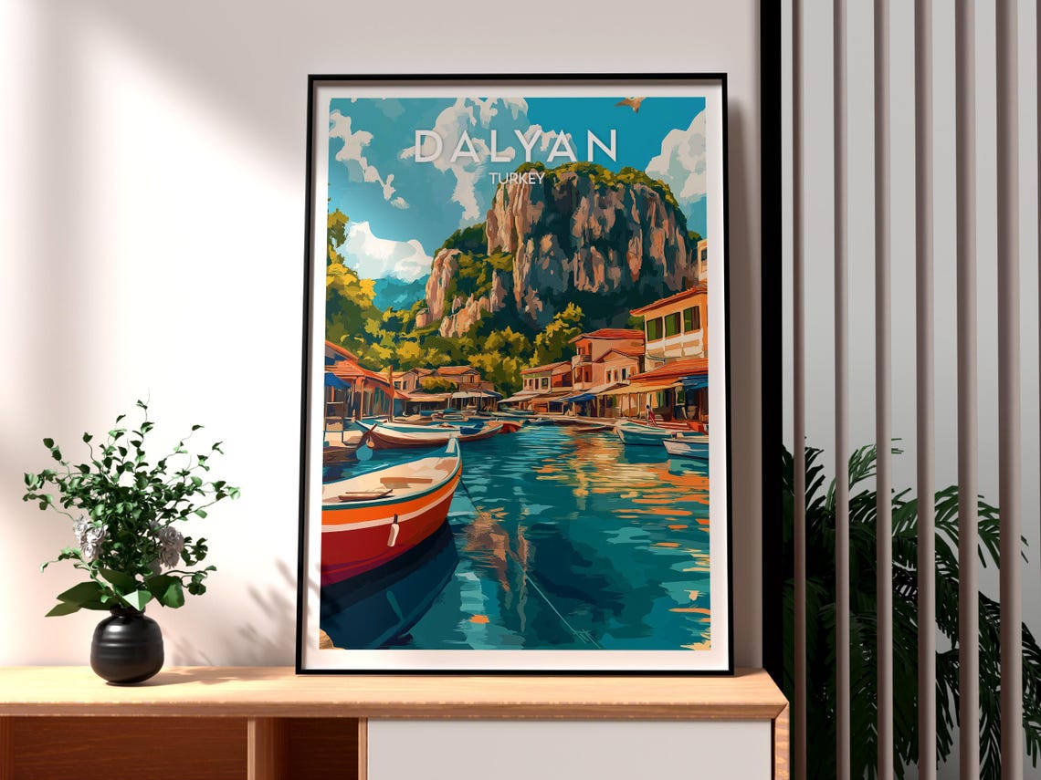 Dalyan Turkey Harbor Boats Rock Cliffs Riverside Travel Poster