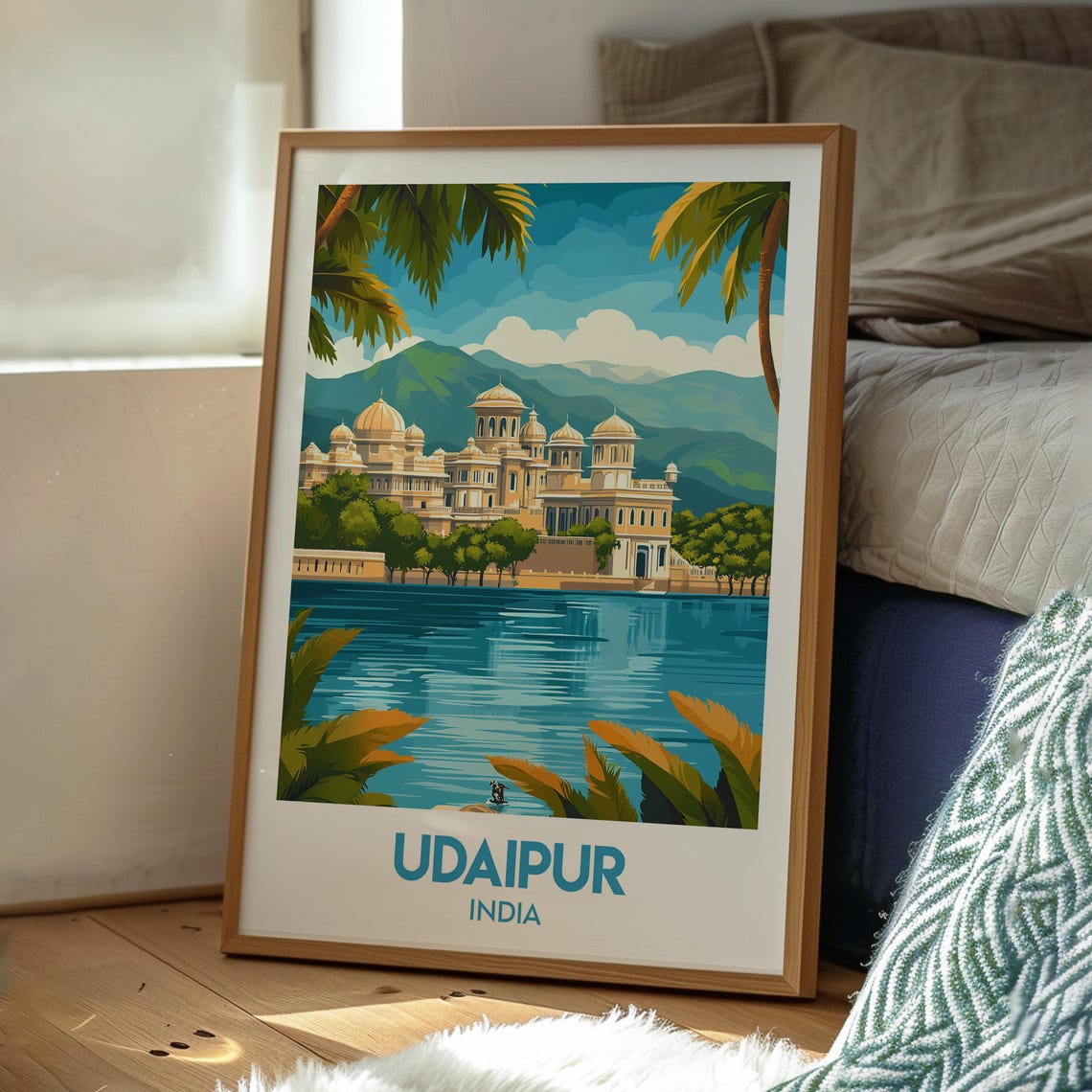 Udaipur India Lakeside Palace Lake Pichola Palms Travel Poster - Image 3
