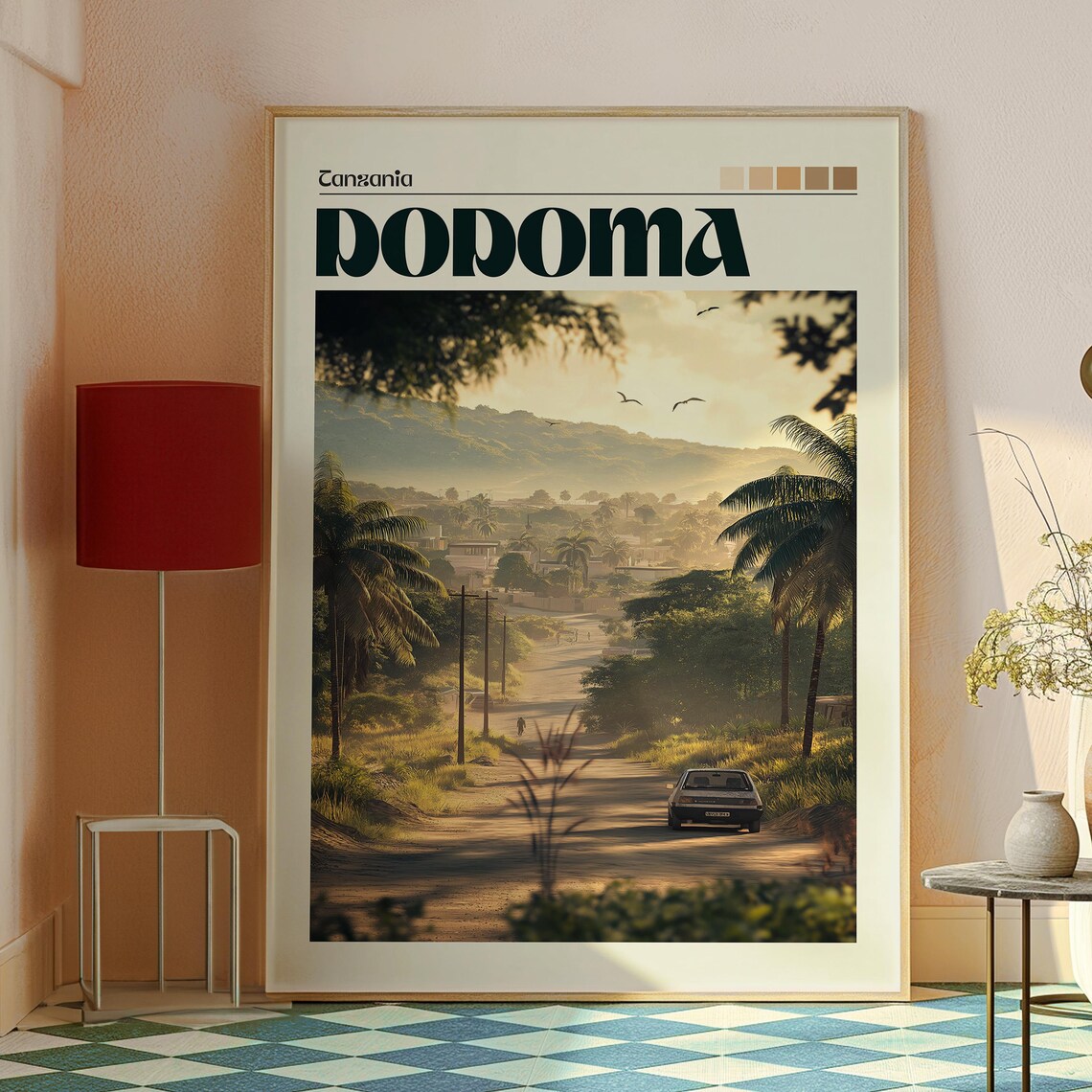 Dodoma Tanzania Savanna Road Palms Golden Sunrise Travel Poster - Image 2