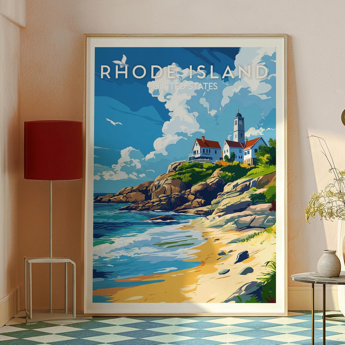 Rhode Island Lighthouse Rocky Cliffs Golden Beach Waves Poster - Image 2