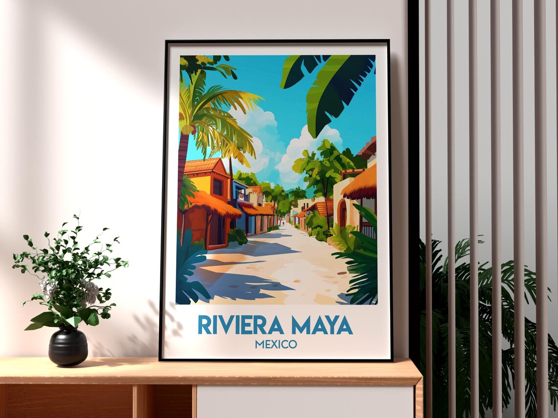 Riviera Maya Mexico Tropical Village Street Palms Travel Poster