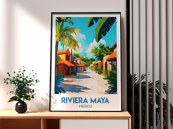 Riviera Maya Mexico Tropical Village Street Palms Travel Poster