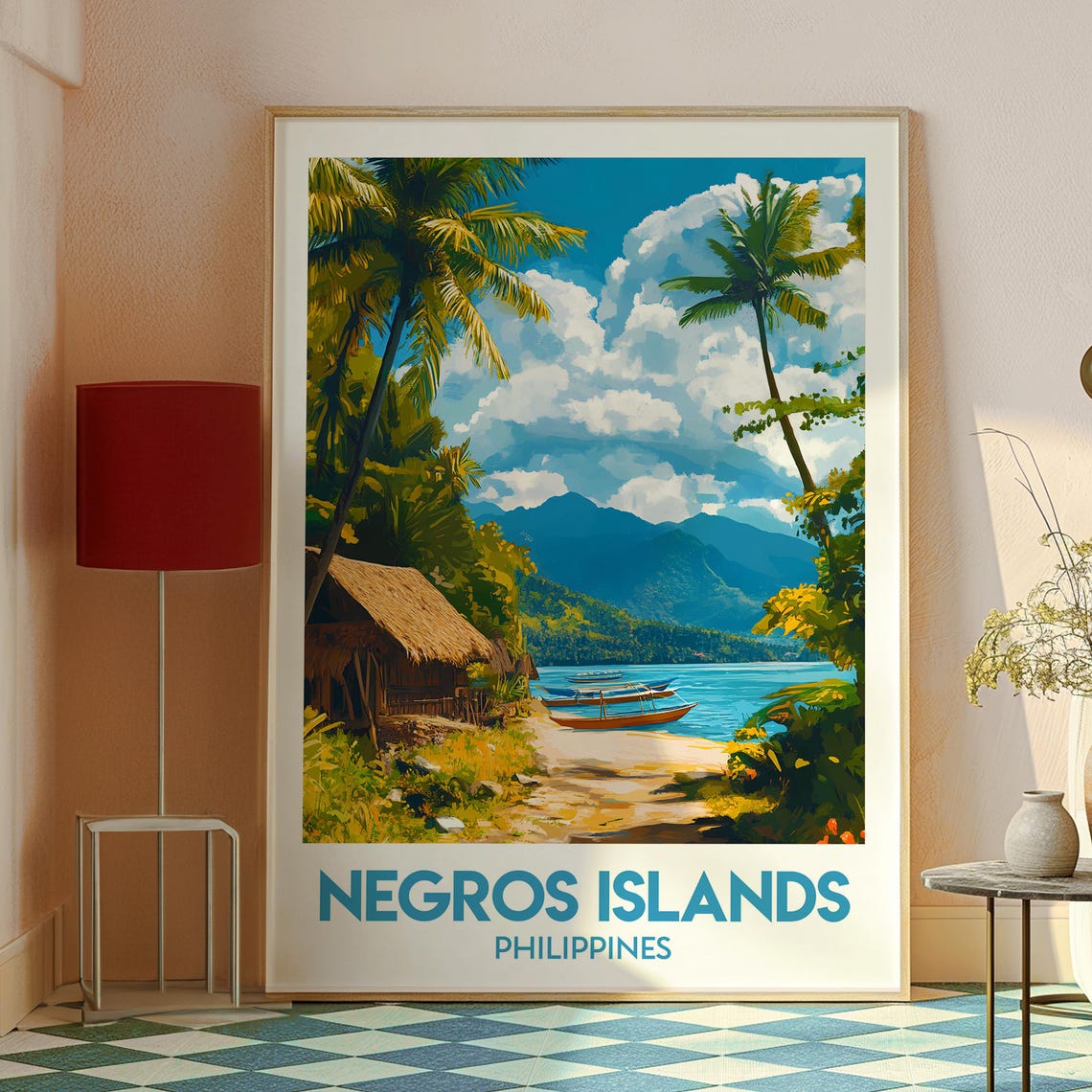 Negros Islands Philippines Tropical Beach Boat Hut Scene Travel Poster - Image 2