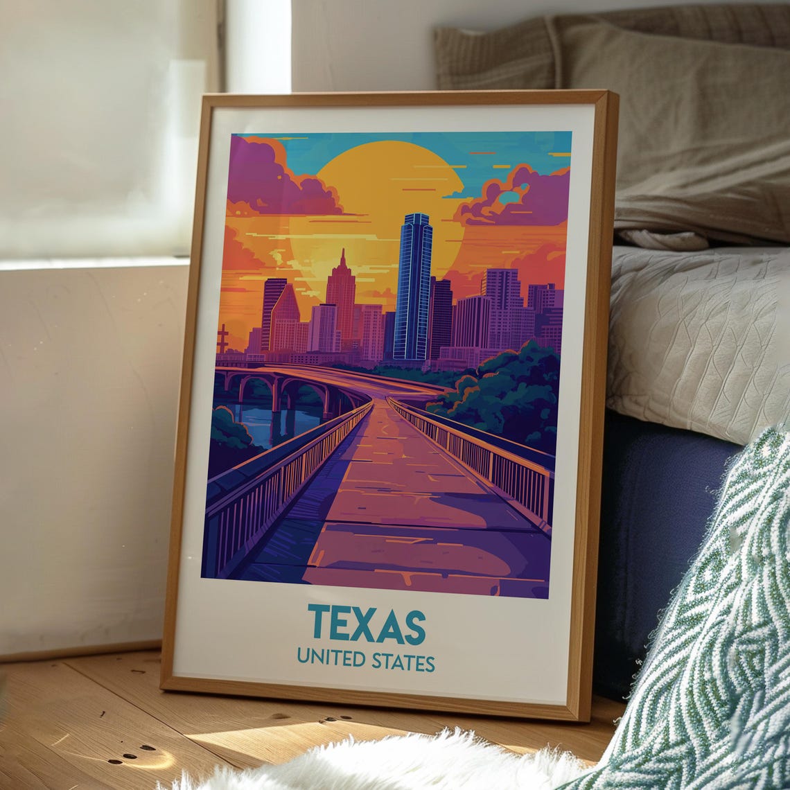 Texas United States Austin Skyline Bridge Sunset Travel Poster - Image 2